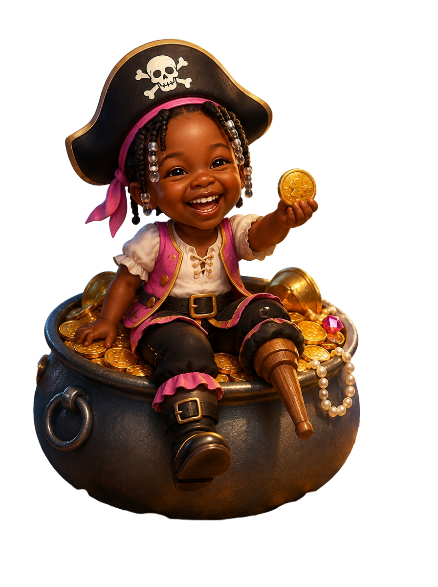 Sister pirate sitting in a treasure chest